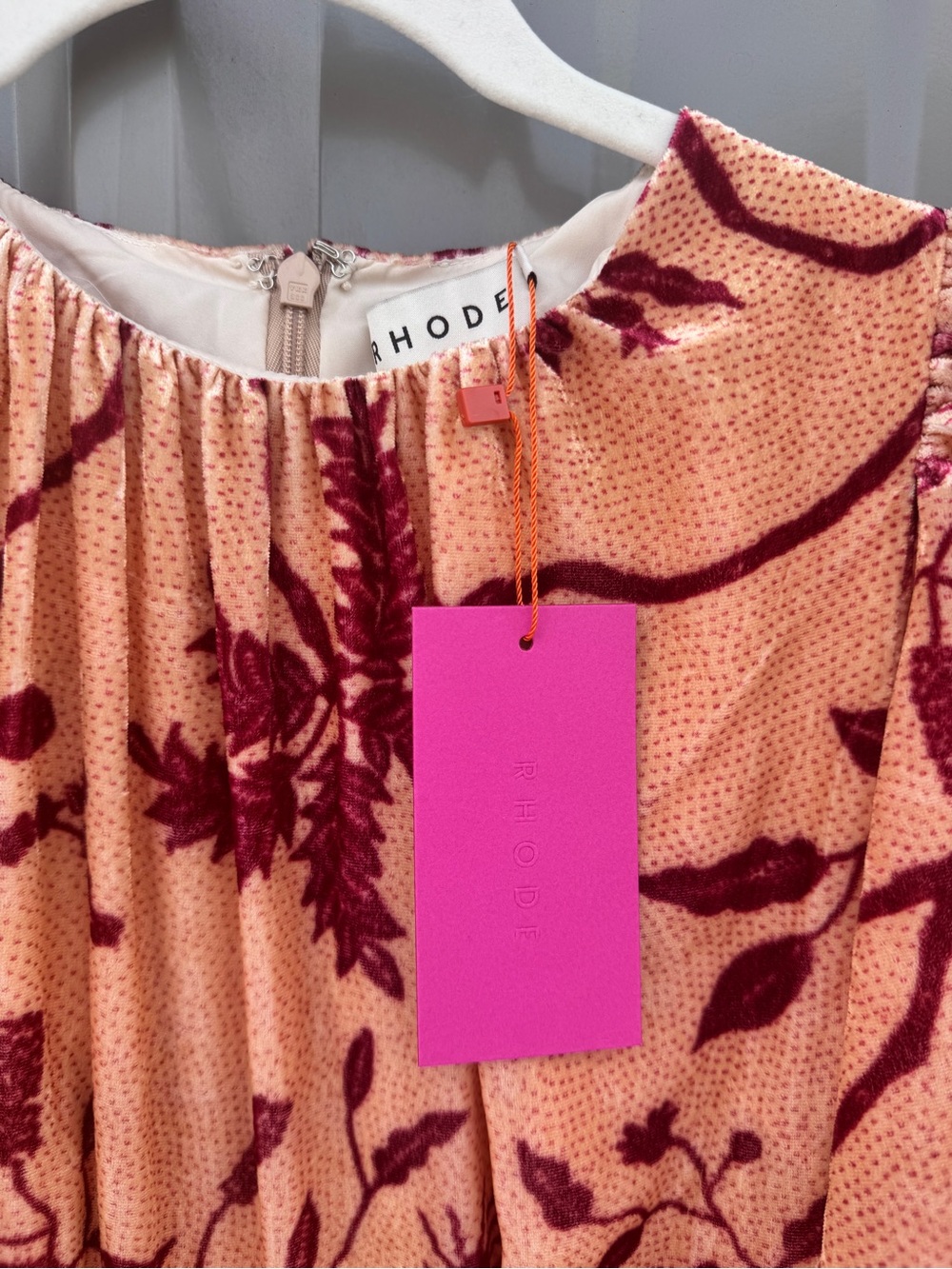 RHODE Resort Velvet Burnout Botanical Midi Dress Flutter Sleeve Pink Burgundy - Picture 3 of 6
